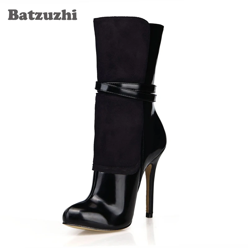 

Batzuzhi-12cm Sexy High Heel Boots Women Pointed Toe Black Leather and Suede Ankle Boots Women Slip-on Winter Warm Ankle Boots