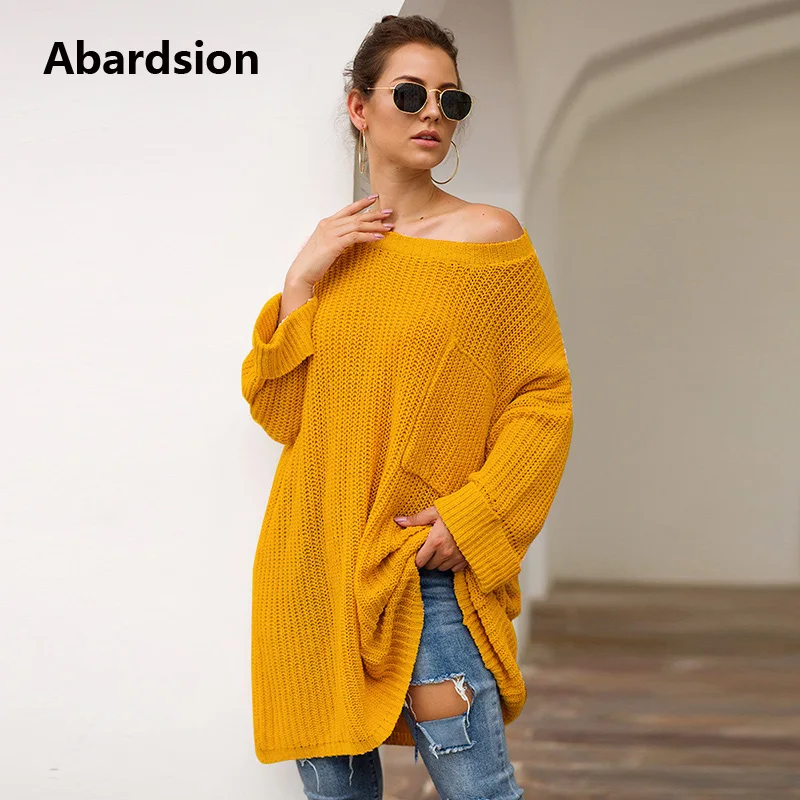 Abardsion женские осенние зимние длинные вязанные свитера Pull Femme черный свитер с длинными рукавами с круглым вырезом пакет Повседневный
