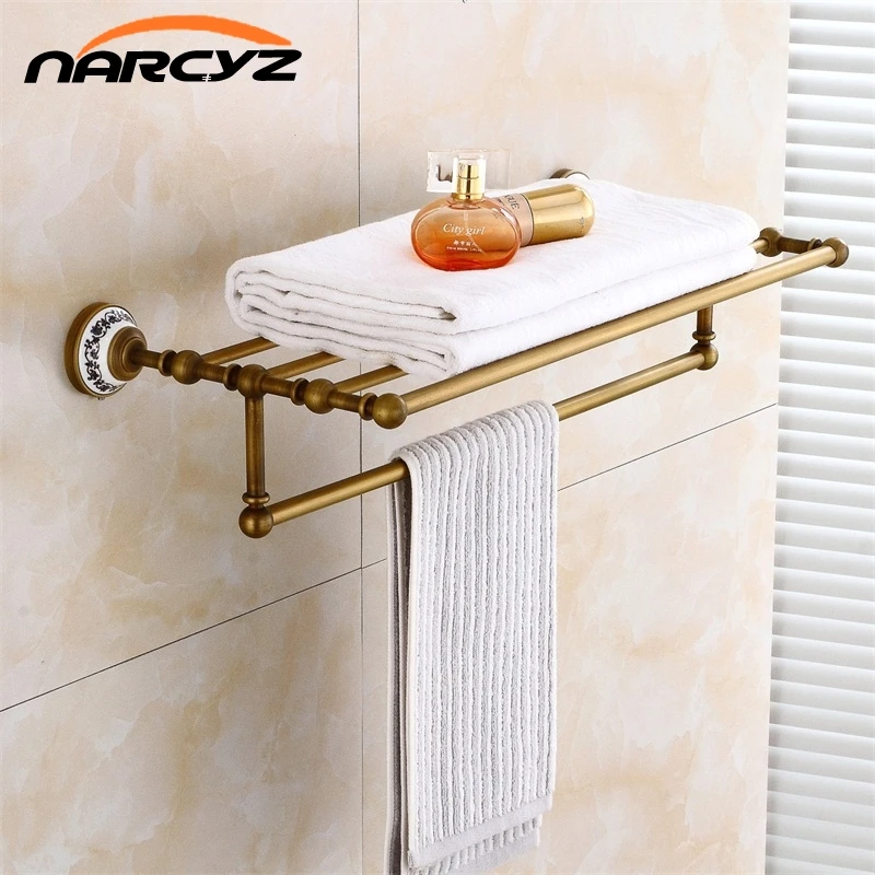 European style Bathroom Shelves Antique Brass With Ceramic Towel Rod