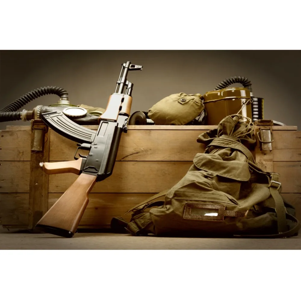 

Laeacco Vinyl Backgrounds War Rifle AK47 Confict Luggage Box Baby Portrait Photography Backdrop For Photo Studio