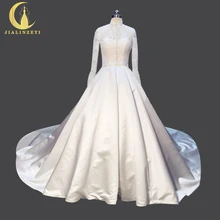 Rhine Real Sample Image Pictures Two Pieces Set Long Sleeves Lace High Neck Satin Ball Gown Bridal Wedding Gown wedding dresses