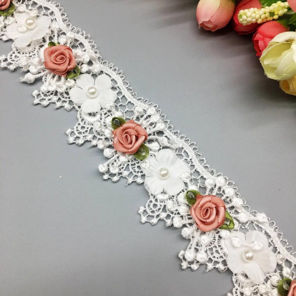10X растворимый жемчуг розы волна вышитая Сетка кружевная отделка Лента ткань шитье ремесло для костюма свадебное платье украшения