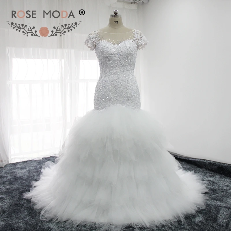 Rose Moda Korte Mouwen Mermaid Jurk Kralen Kant Afrika Trouwjurken Tulle Puffy Rok 2019 Rose Moda Korte Mouwen Mermaid Jurk Kralen Kant Afrika Trouwjurken Tulle Puffy Rok 2019