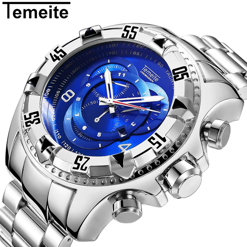 Temeite спортивные часы для мужчин лучший бренд Роскошные Кварцевые наручные часы для мужчин большой циферблат из нержавеющей стали мужские часы Relogio Masculino