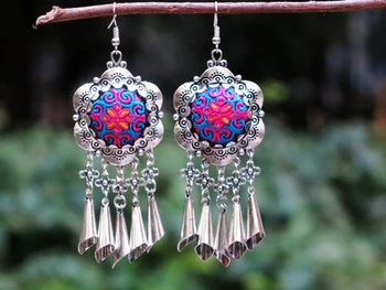 

Folk style Miao Silver Earrings Handmade Embroidery ethnic jewelry retro exaggerated female Earrings