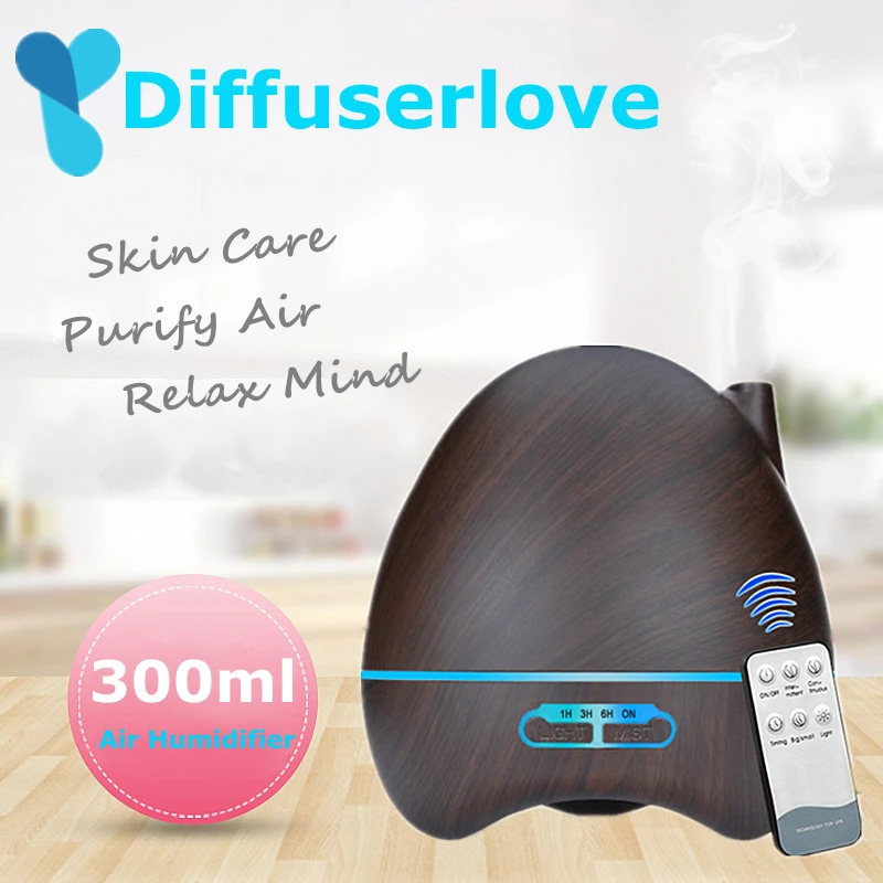 

Diffuserlove 300ml Wood Grain Air Humidifier Remote Control Household Ultrasonic Essential Oil Diffuser 7Color LED Mist Maker