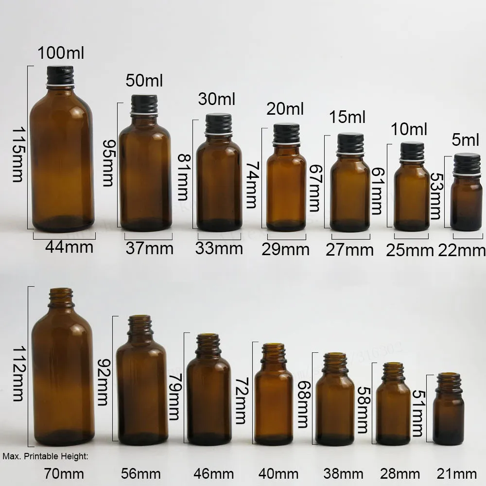 Пустой Янтарный стеклянный контейнер для эфирного масла с алюминиевой крышкой со вставкой 5 мл 10 мл 15 мл 20 мл 30 мл 50 мл 100 мл 12 шт
