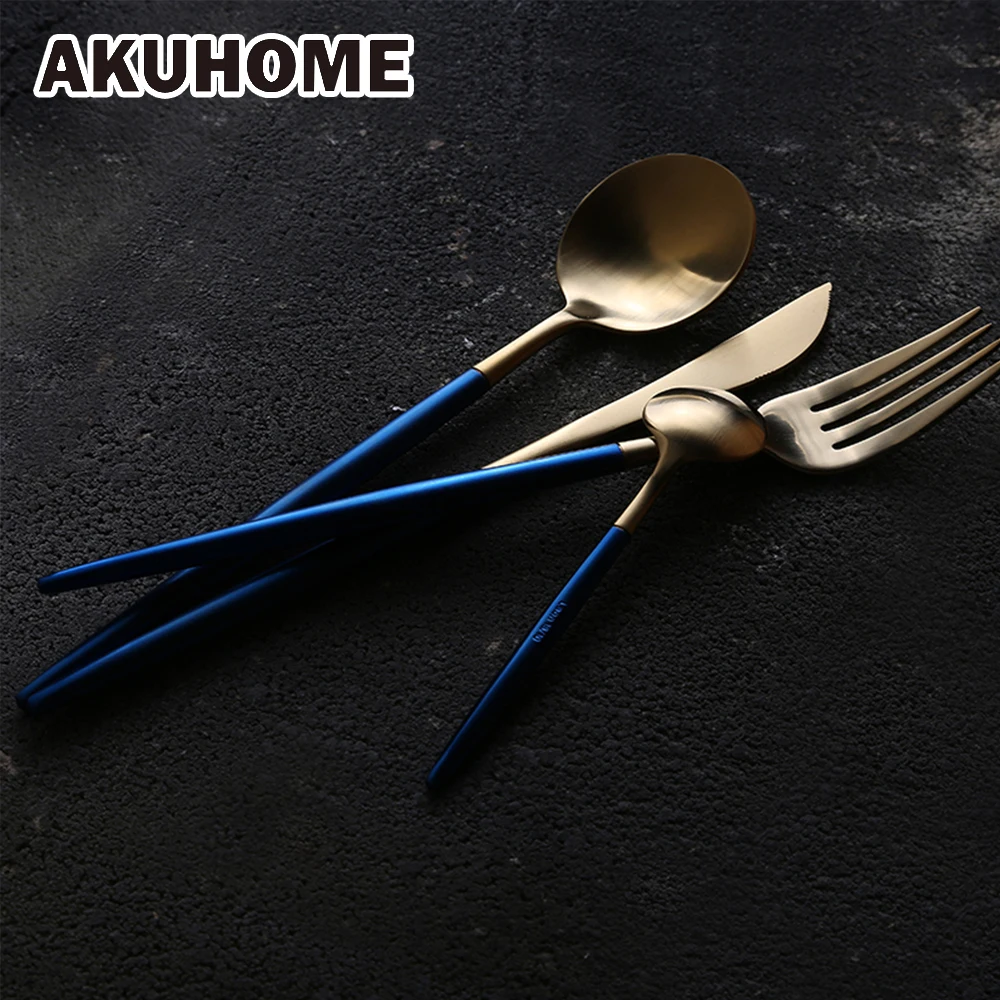 

9 Pcs Blue Gold Blue Silver Stainless Steel Cutlery Set European Simple and Creative Tableware Home Travel Essential AKUHOME
