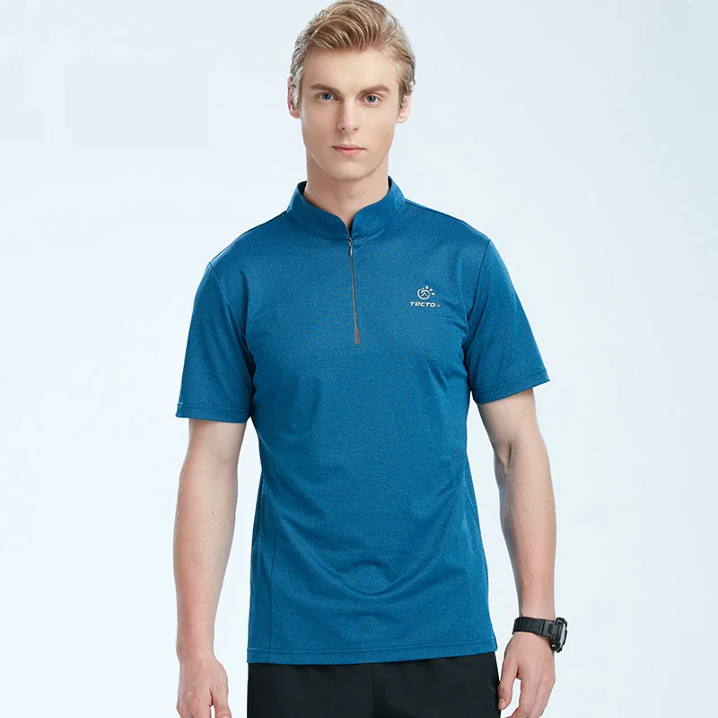 

Tectop Men's Shirt for Sport Outdoor Hiking Fishing Stretch Breathable Soft Solid Zip Stand collar for Men Male Jerseys Blue L