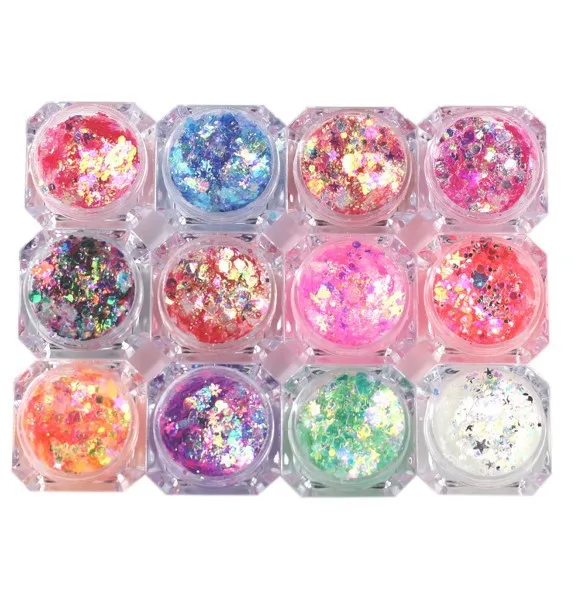 12pcs Face Glitter Gel Eye Glitter Nail HairArt Flash Heart Loose Sequins Cream Festival Glitter Decoration eye Shadow Makeup