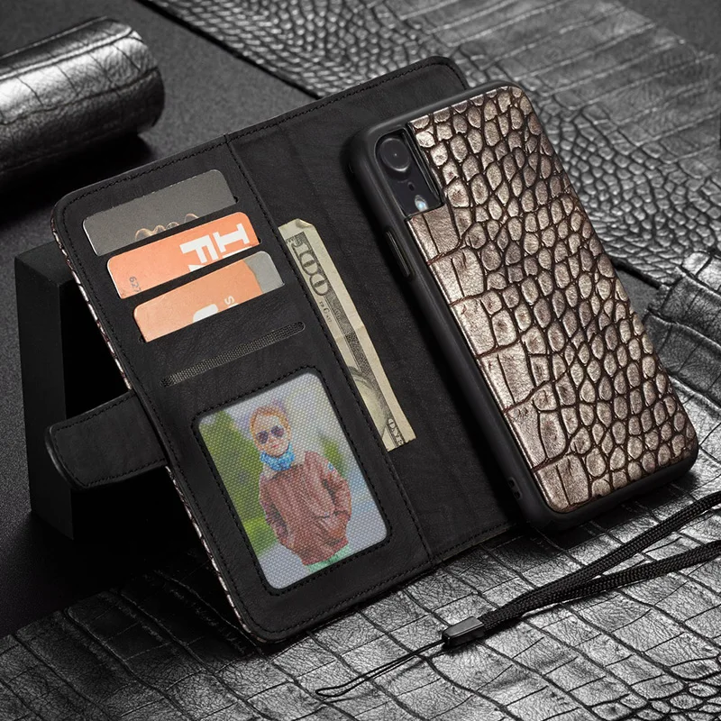 Чехол-бумажник WHATIF для Iphone Xs Max Xr X 8 7 Plus, кожаный чехол с узором «крокодиловая кожа», Отделяемый магнитной застежкой, чехол-книжка с подставкой для карт - Цвет: Bronze