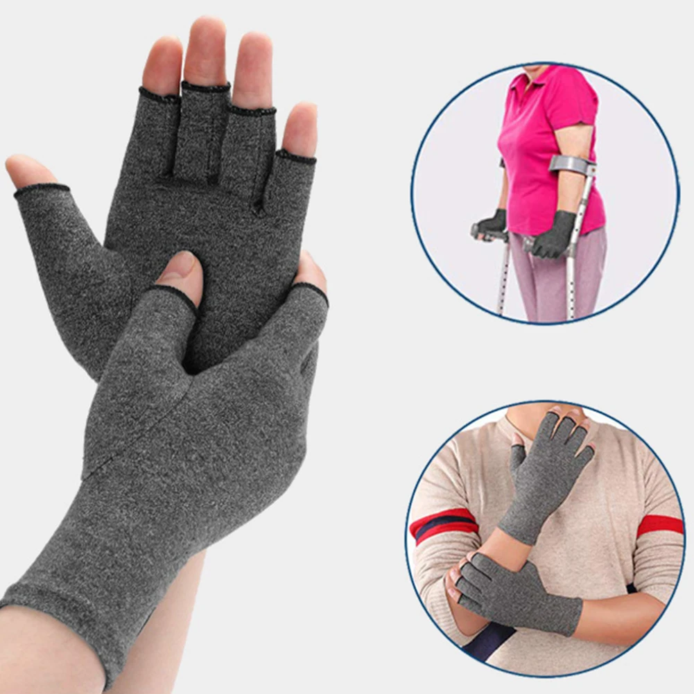Мужские и женские Однотонные эластичные защитные перчатки при артрите, облегчающие боль, здоровье, черные, полпальца, дышащие, компрессионные, ревматоидные