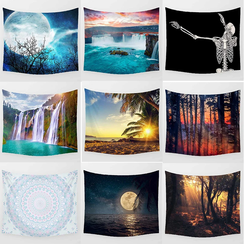 

Hot sale fashion sunset sea beach landscape skull moon pattern wall hanging tapestry rectangle large wall tapestry
