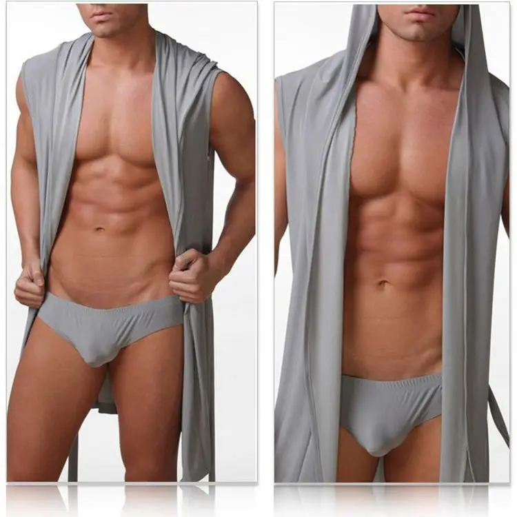 Мужские халаты удобные повседневные халаты без рукавов вискоза сексуальный с капюшоном домашний халат Мужская сексуальная пижама одежда для отдыха - Цвет: Серый