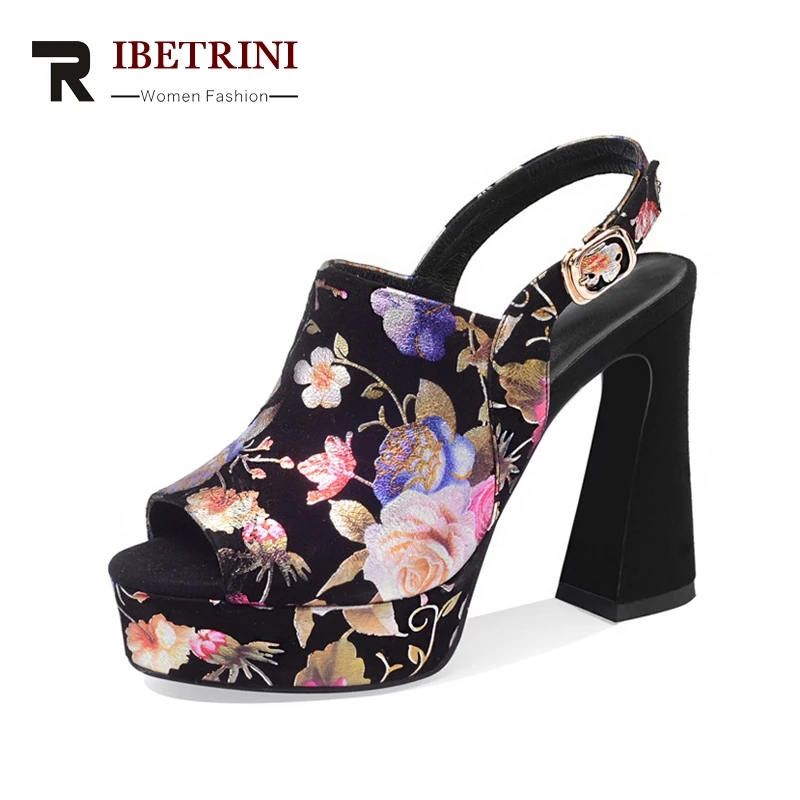 

RIBETRINI New Fashion Genuine Leather Buckle Strap Square High Heels Flower Platform Shoes Woman Casual Party Sandals