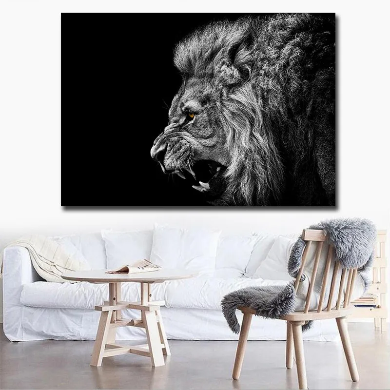

Horizontal Rectangle Black and White Lion Posters Print Modern Animal Picture Canvas Painting No Frames Living Room Home Decor