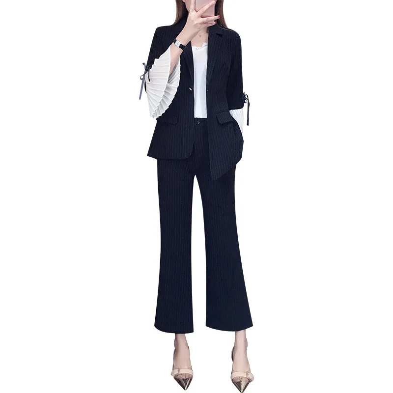

Women's suit trumpet sleeves striped small suit women 2019 spring new fashion wide-leg pants slim slimming suit two-piece suit