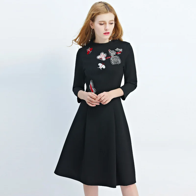 Large Size Autumn Fashion Embroidery Round Neck Collar Dresses Large Size Autumn Fashion Embroidery Round Neck Collar Dresses Oversized Long Sleeve Black Aline Dress Female 2017 In From Women S Clothing