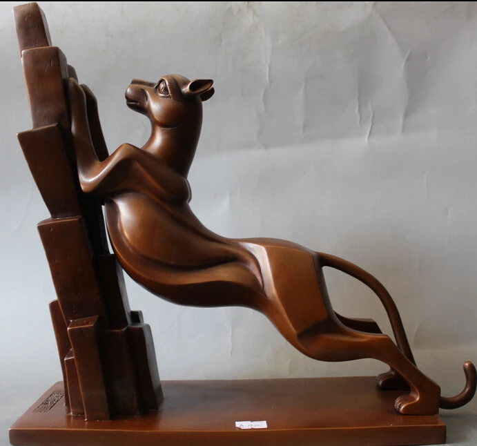 

JP S62 14" Old Chinese Purple Bronze Africa Leopard Panther Wild Animal Jump Run Statue