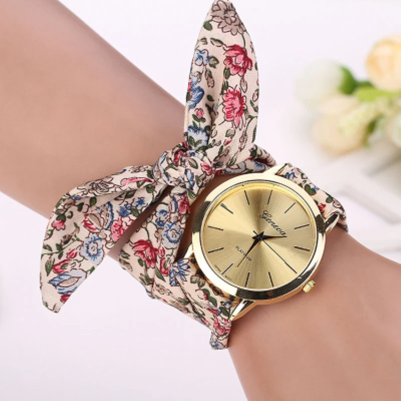 Часы для женщин и девушек, часы с цветочным узором из жаккардовой ткани, relogio feminino, модные кварцевые наручные часы с циферблатом и браслетом, reloj mujer Saat