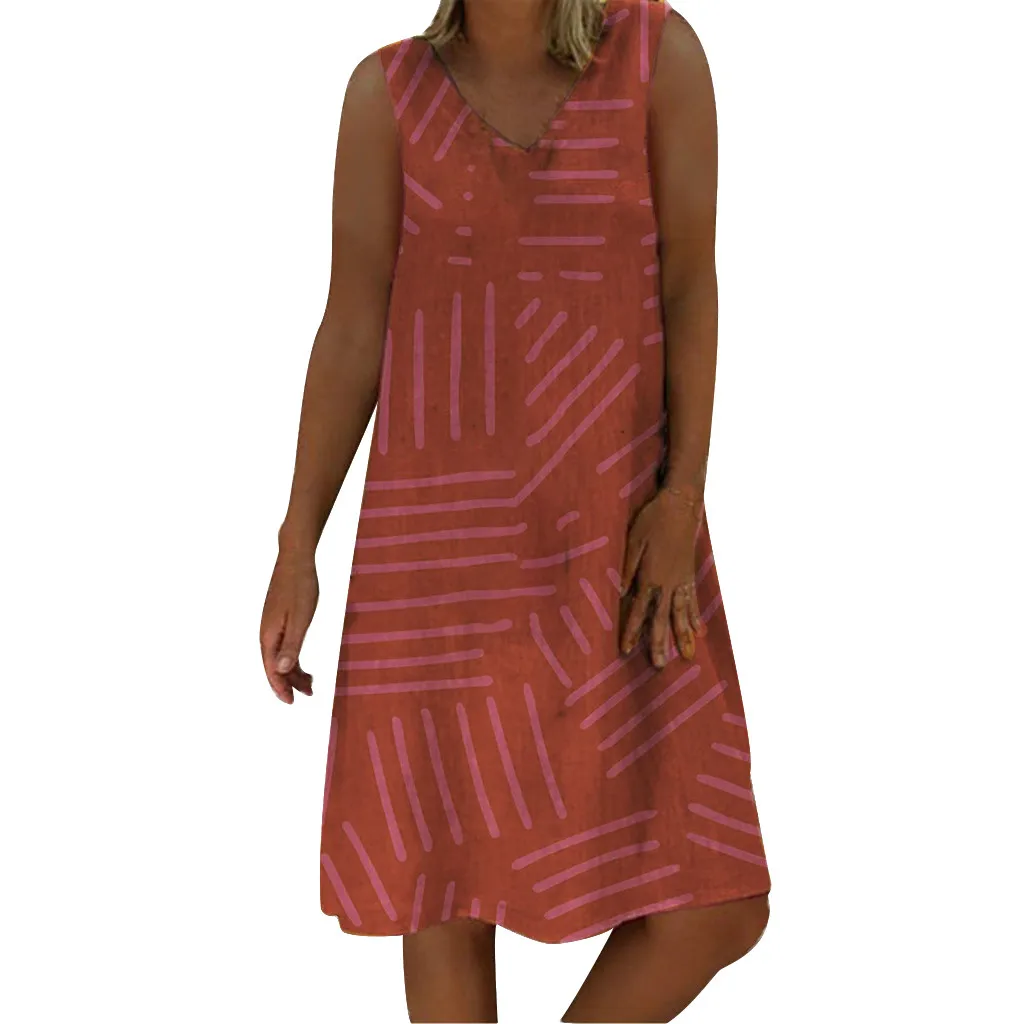 

Women's Ladies Stripe Printed Dress Sleeveless V-Neck Casual Dress Summer Dress