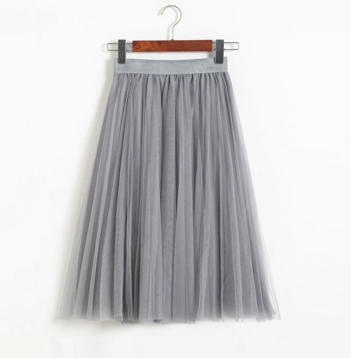 OHRYIYIE, 4 слоя, вуаль, Тюлевая юбка для женщин, весна-лето, эластичная высокая талия, плиссированная юбка-пачка средней длины, Jupe Longue Femme SK036 - Цвет: Серый