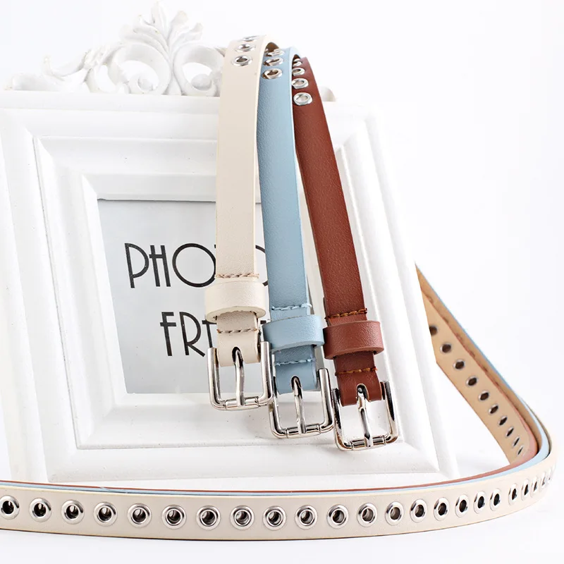 

Women Belt Imitation Leather Alloy Pin Buckle Fine White Black Belt Jeans Fashion Decorative Rivet Creative Style Ladies Belts