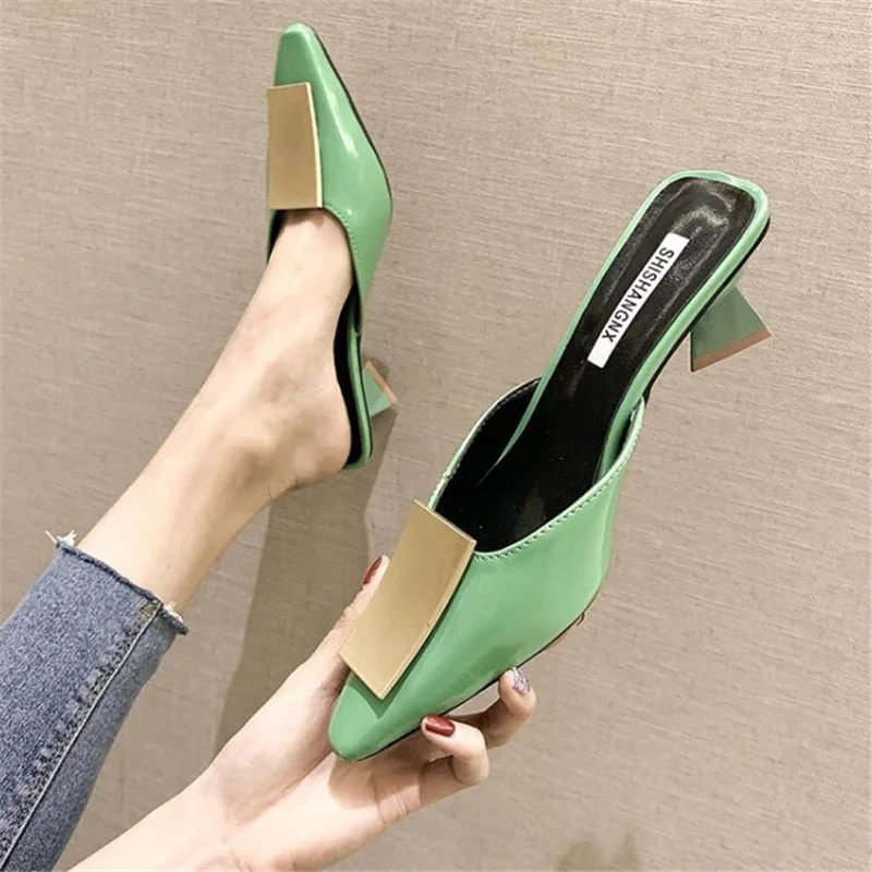 

2019 New Women Summer High Quality strange Style Dress shoes Woman Sandals Pointed toe Ladies pumps Slippers High 5cm