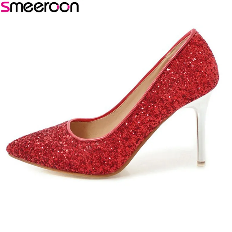 

Smeeroon 2018 spring antumn new style Size 33-48 fashion thin heels pumps slip on shallow pointed toe party wedding women shoes