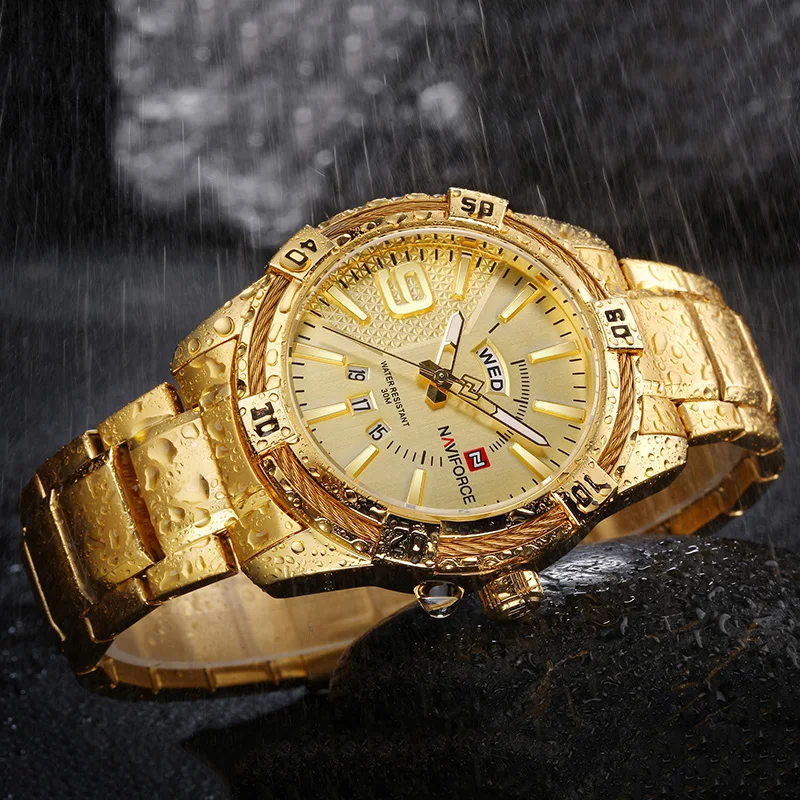 Часы naviforce золотые часы мужские золотые Роскошные бизнес стальные спортивные часы мужские водонепроницаемые Брендовые мужские s часы лучший бренд класса люкс