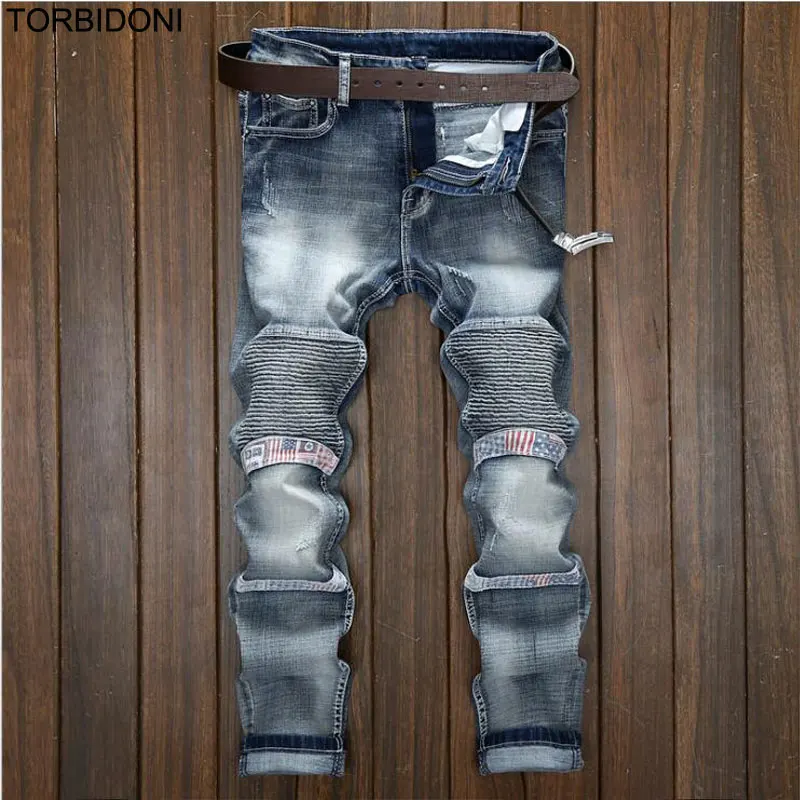 New Men Pleated Jeans Fashion Patchwork Kanye West High Quality Brand