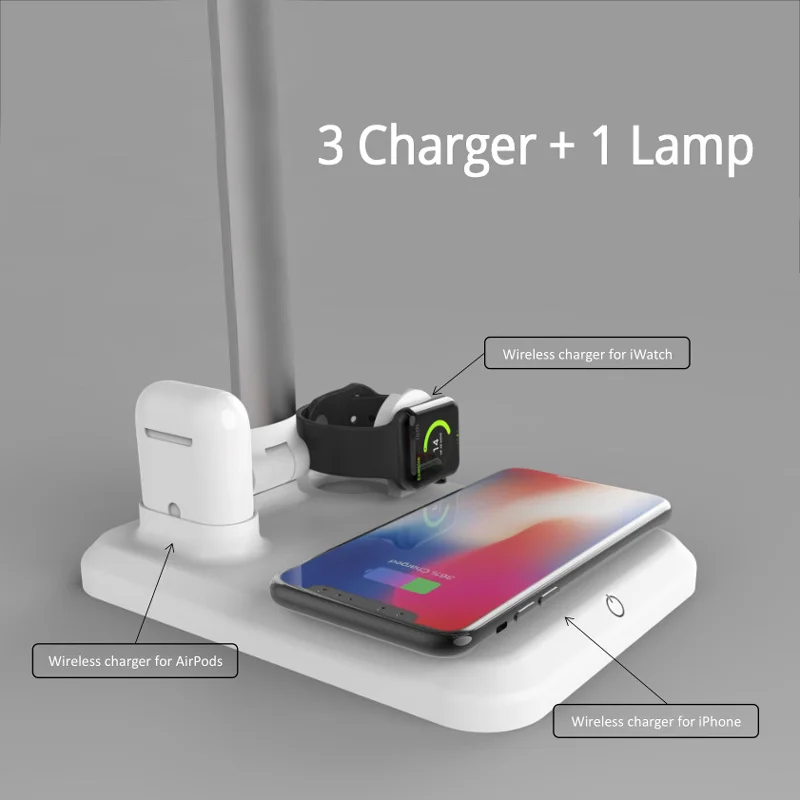 Светодиодный светильник Настольный светодиодный Qi Беспроводное зарядное устройство для iPhone 8 X XS XR Apple Watch 4 3 2 Airpods USB быстрая зарядка Настольный коврик