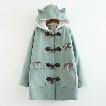 

Pocket embroidery kitten horn button Thicken Woolen coat mori girl winter
