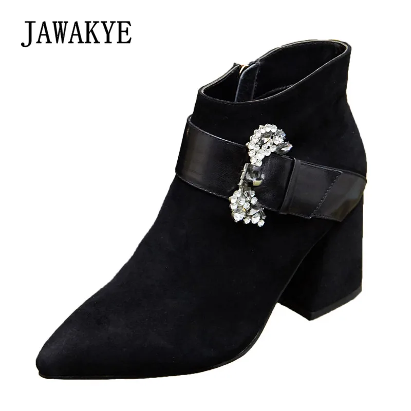 

2018 Black Suede Ankle Boots Woman Pointed Toe Rhinestone 8cm Chunky High Heel Boots Women Fashion Martin Boots