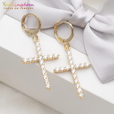 Yunkingdom,,, золотые длинные серьги с крестом, Кристальные Висячие серьги для женщин, модные свадебные ювелирные изделия, новинка - Окраска металла: Gold Color