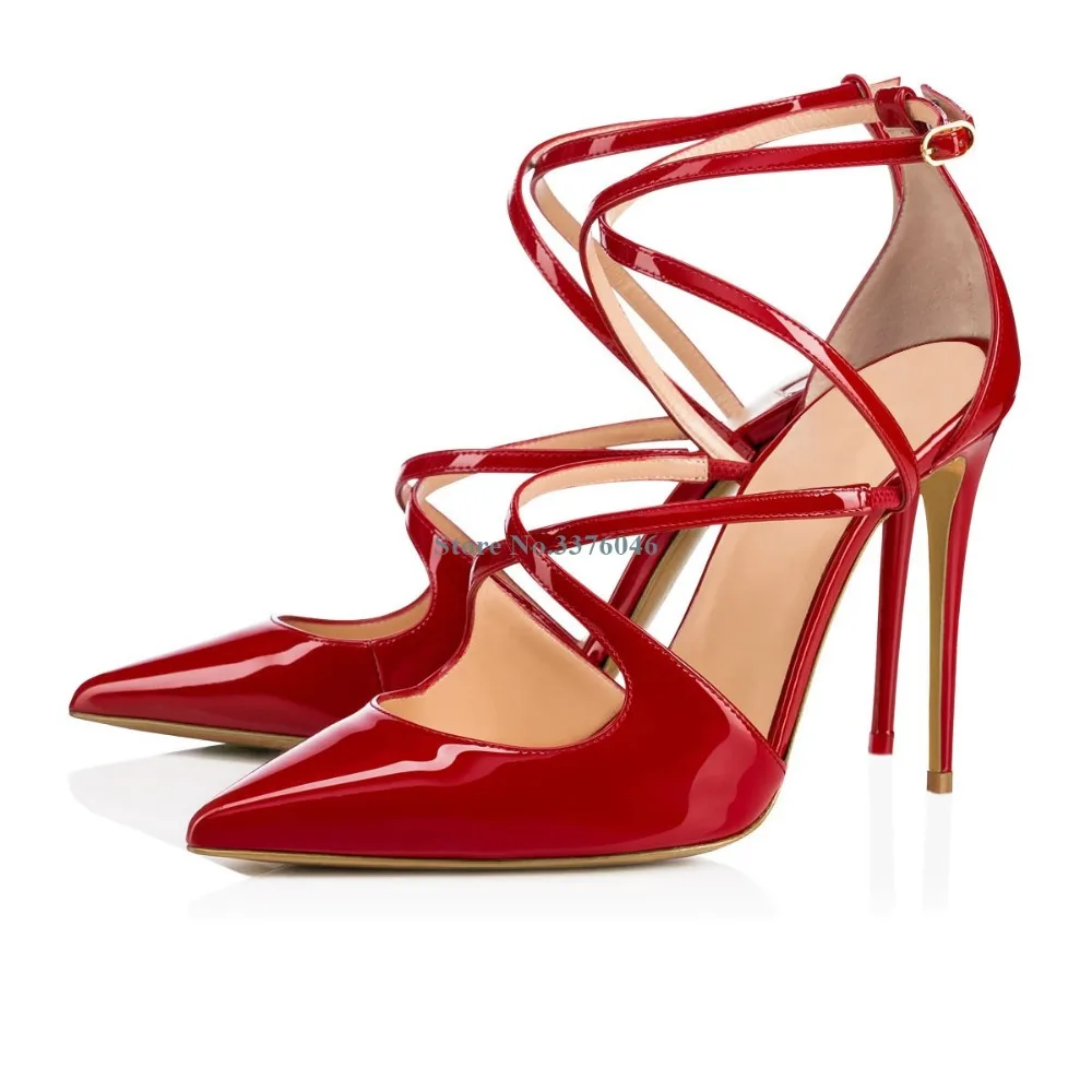 

Basic Pointed Toe Cross Tied Thin High Heel Pumps Red Black Nude Patent Leather Shoes Classics PU Dess Women Stiletto Heel Pumps