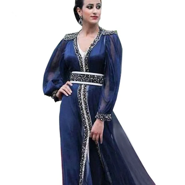 Robe De Soiree изящный, темно-синий с длинным рукавом Кафтан для выпускного Дубайский мусульманский, арабский Пышное шифоновое платье для матери невесты