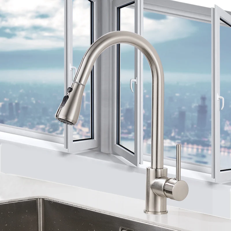 Kitchen Faucets Brushed Nickel Single Handle Pull Out Kitchen Tap Single Hole Handle Swivel 360 Degree Water Mixer Tap 