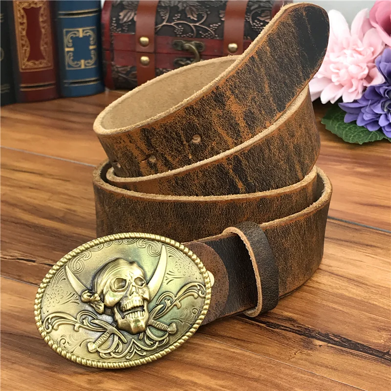 Skull Belt Buckle Leather Belt Men Cowboy Jeans Yellow Belt Male Strap Ceinture Homme Riem Belts For Men MBT0556