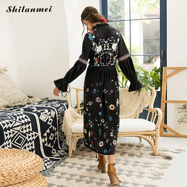 Boho Inspired Dress Women Fl Folkloric Embroidery V Neck Black Maxi Autumn Long Sleeve Bohemian Femme Beach Boho Inspired Dress Women Fl Folkloric Embroidery V Neck Black Maxi Autumn Long Sleeve Bohemian Femme Beach