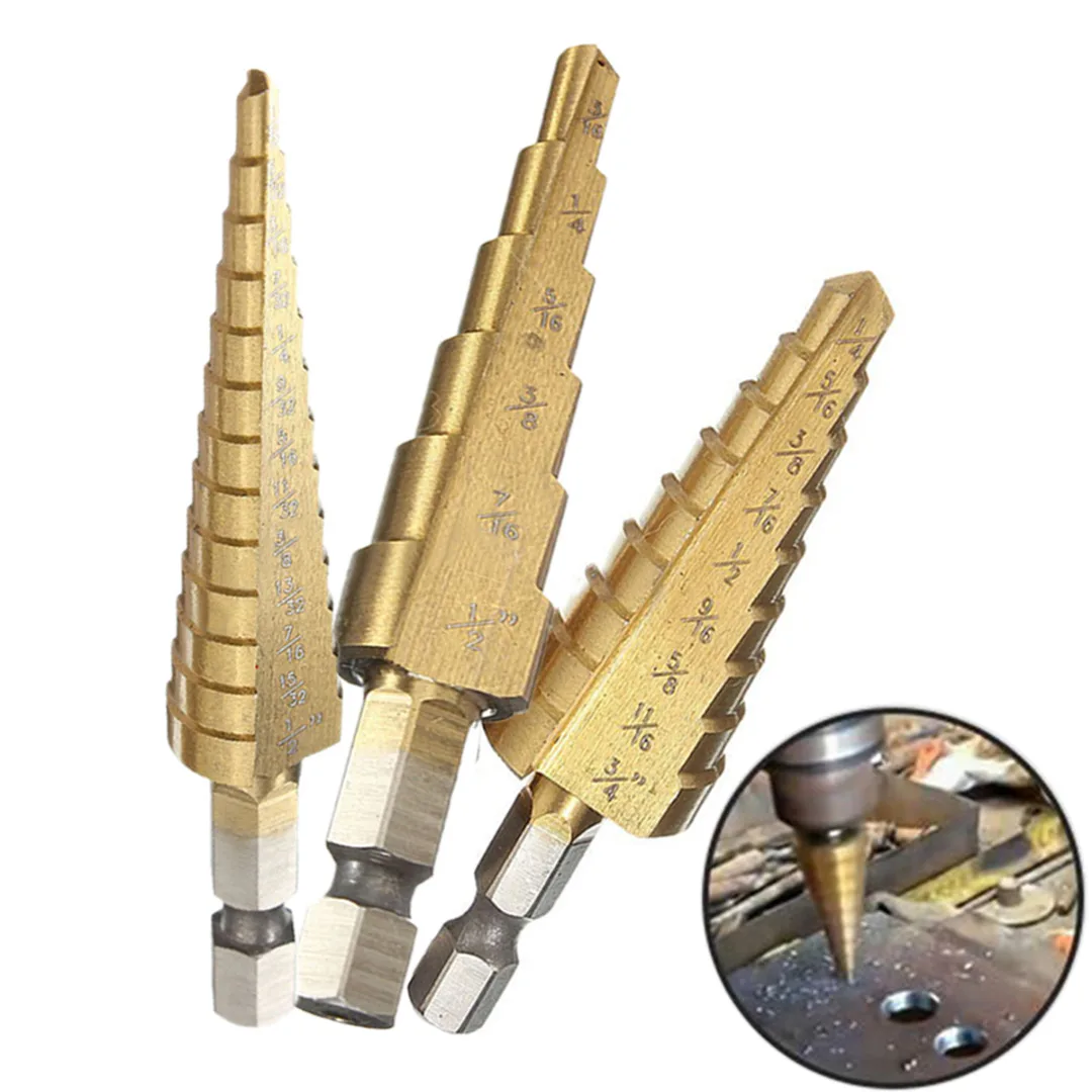 

3pcs HSS 4241 Step Cone Drill Bit 1/4" Hex Shank Titanium Coated Hole Cutter Set For Woodworking Tools