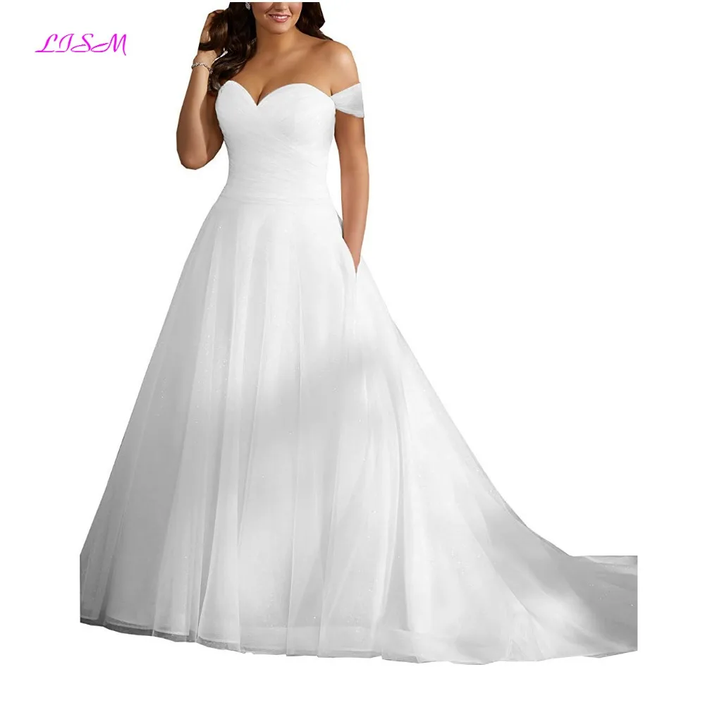 

Sweetheart Straps Ruffled Plus Size Wedding Dresses with Pocket A-Line Sequins Tulle Wedding Dress Long Bridal Gowns for Women