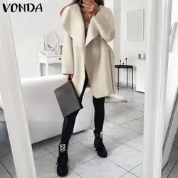 VONDA Женское пальто с отворотом, с поясом, пушистые куртки в виде медвежонка 2019 осеннее длинное пальто теплая зимняя верхняя одежда уличная