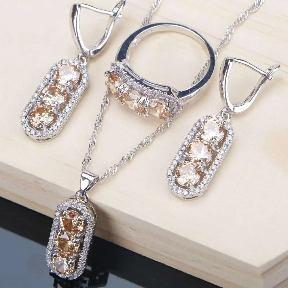 Свадебные ювелирные наборы серебро 925 ювелирные изделия для женщин аксессуары Шампанский кубик циркония браслет кольцо ожерелье серьги набор - Окраска металла: 3PCS