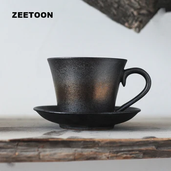 

250ml Japanese Style Cappuccino Coffee Cup Saucer Set Vintage Coarse Pottery Afternoon Tea Office Coffee Mug Creative Home Decor