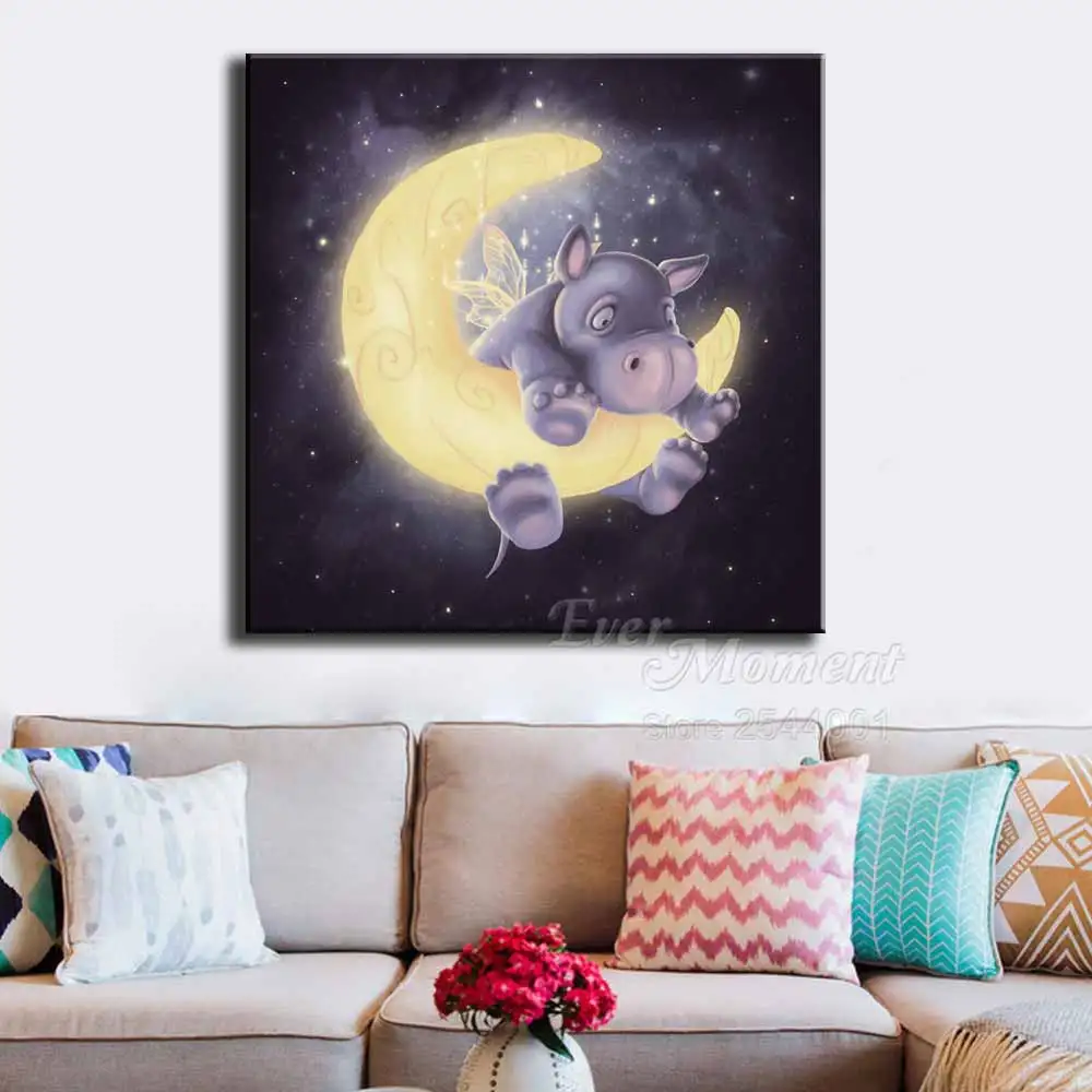 Koop Ooit Moment Diamant Schilderij Hippo Op Maan Foto Van Strass Mozaïek Vol Vierkante Boor Diamant Borduurwerk Decoratie ASF1711