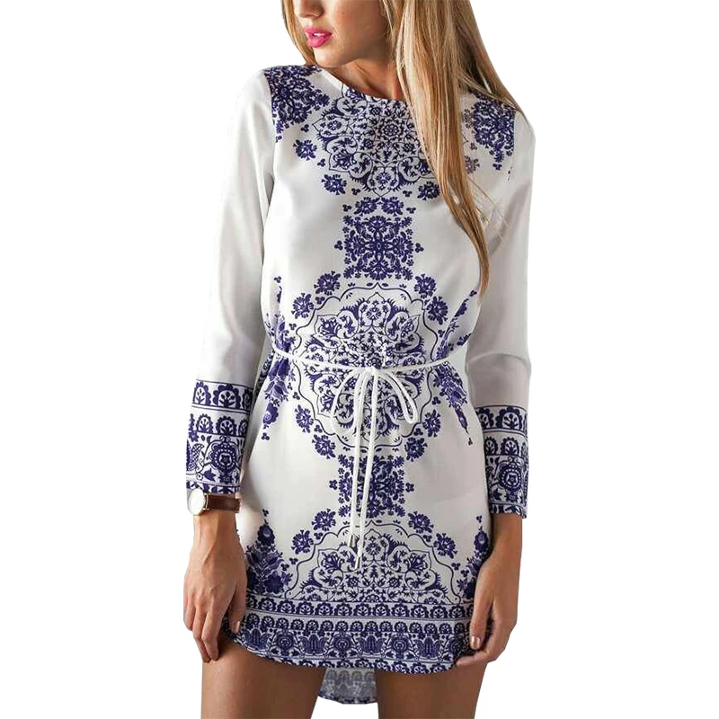 

long-sleeved Mini Dress New Blue And White Porcelain Digital Printing Summer Dresses Short Vestido Clothing Vestidos LBD6818