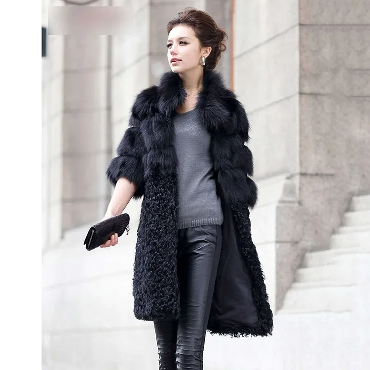 

2018 new women natural winter coat real fox fur and lamb fur middle long coat black fashion female jackets warm thick outwear