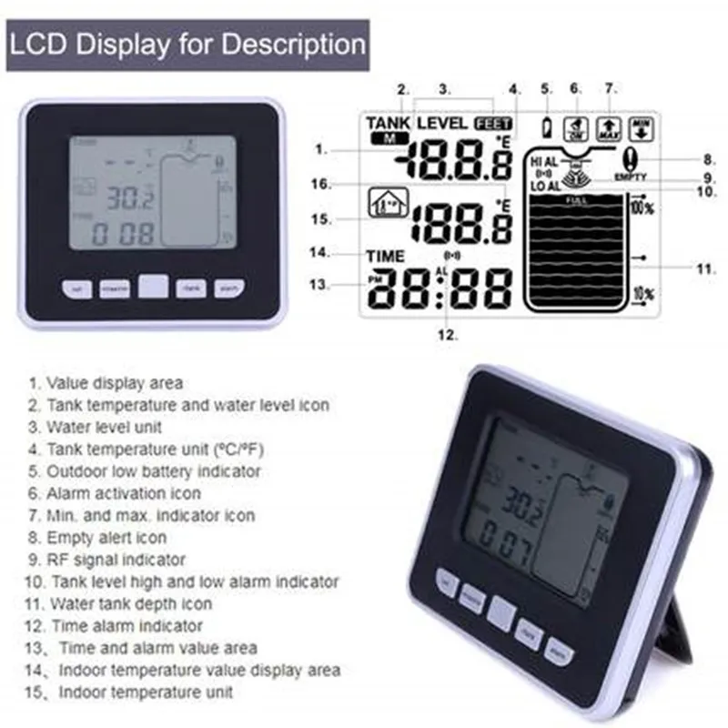 Wireless Ultrasonic Tank Liquid Level Flow Water Meter With Temperature Water Tank Transmitter Mounting Screws Measuring Tool