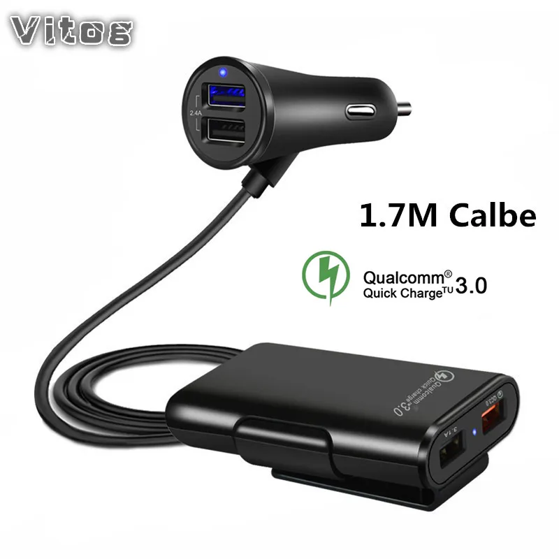 

Quick QC3.0 Car Charger 2.4A+3.1A 4 USB Port with 5.6ft Extension Cord Cable for Back Seat Charge With A Clip iphone smart phone